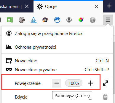 Powiększanie za pomoca opcji menu w przeglądarce Firefox
