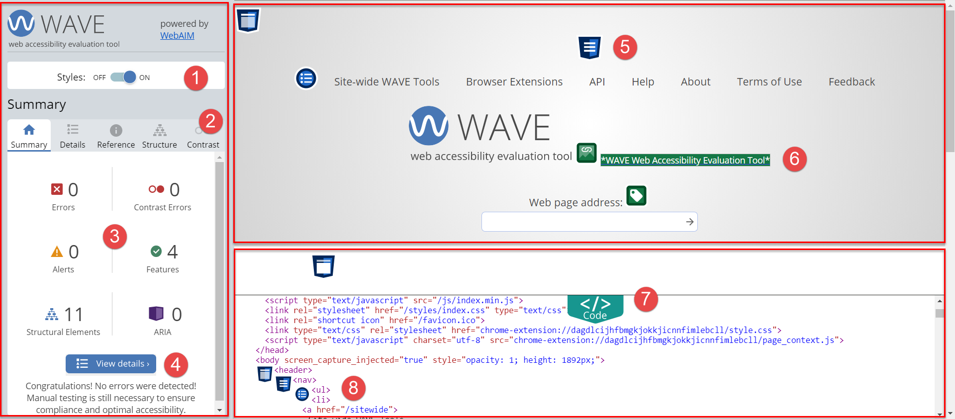 Okno przeglądarki po uruchomieniu WAVE i rozwinięciu panelu Code